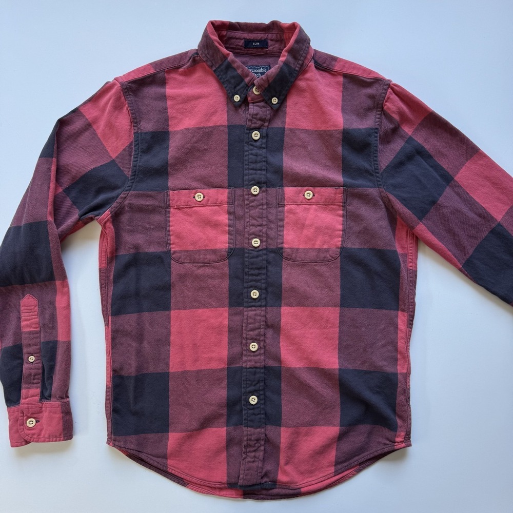 ABERCROMBIE & FITCH Buffalo Check L/S Flannel Shirt Vintage Y2K Red Small Slim